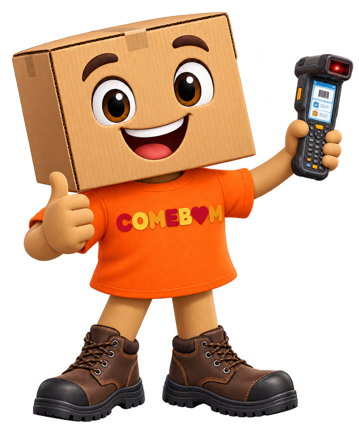 Mascote de caixa da Liga Comebom com camisa laranja
